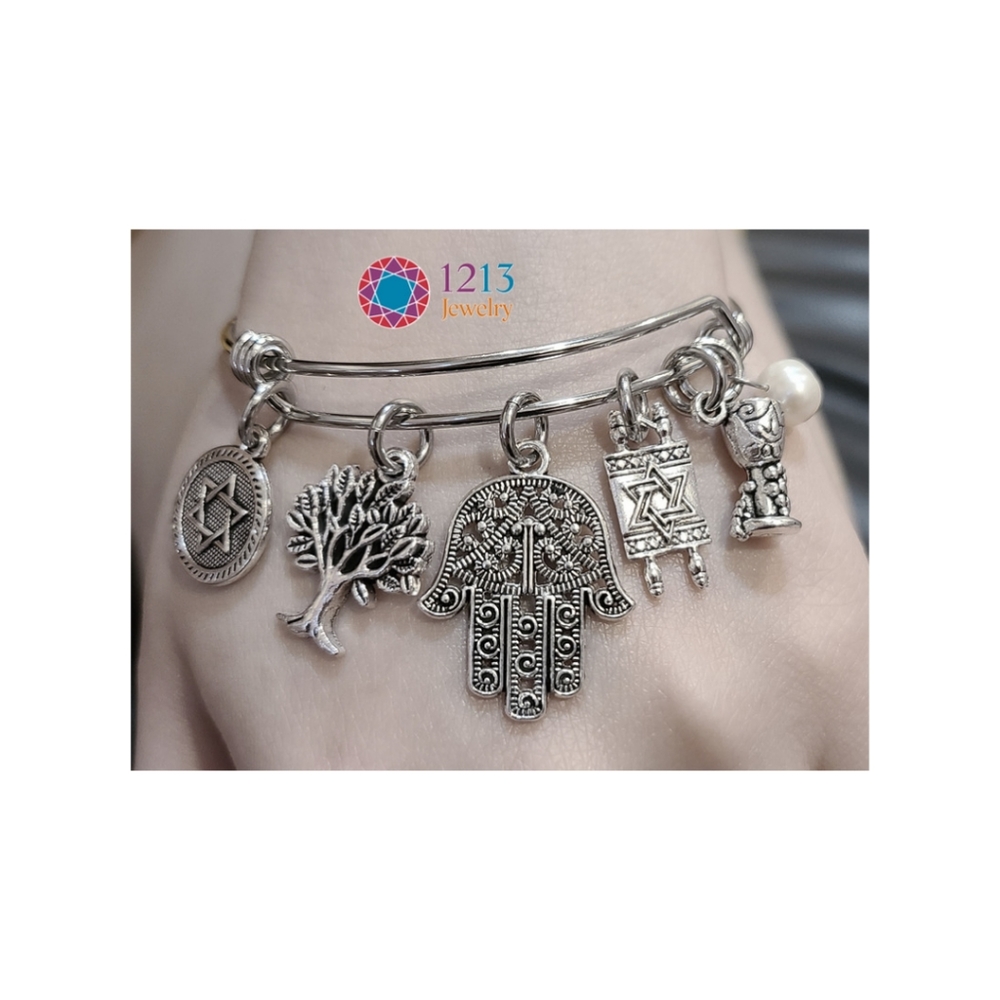Handcreated Jewish Pearl Stainless Steel Charm Bracelet Expandable
